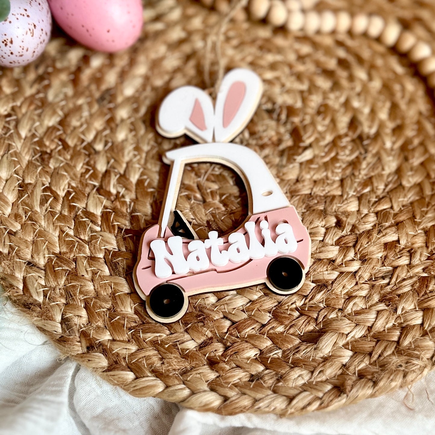 Little Kid Push Car With Bunny Ears Easter Basket Name Tag